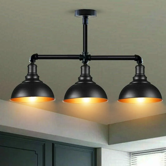 Industrial Vintage Retro Ceiling Pipe Light Black Dome Shade E27 UK Flush Lights~3732-0