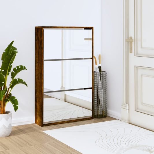 Shoe Cabinet with Mirror 3-Layer Smoked Oak 63x17x102.5 cm