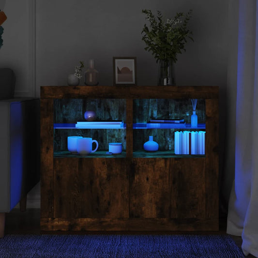 Side Cabinets with LED Lights 2 pcs Smoked Oak Engineered Wood