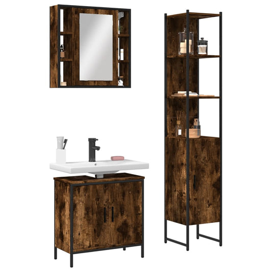 3 Piece Bathroom Cabinet Set Smoked Oak Engineered Wood