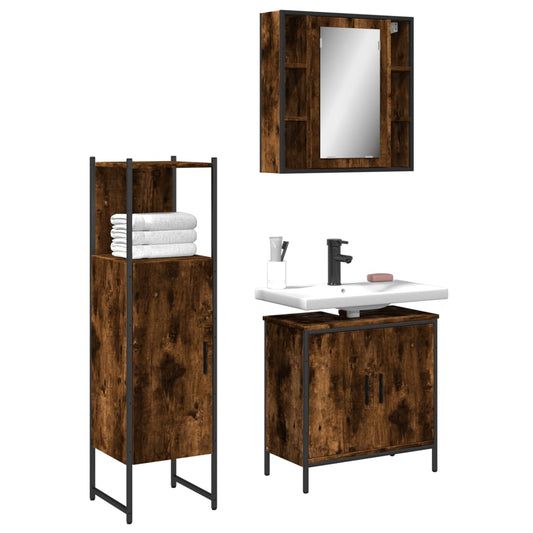 3 Piece Bathroom Cabinet Set Smoked Oak Engineered Wood