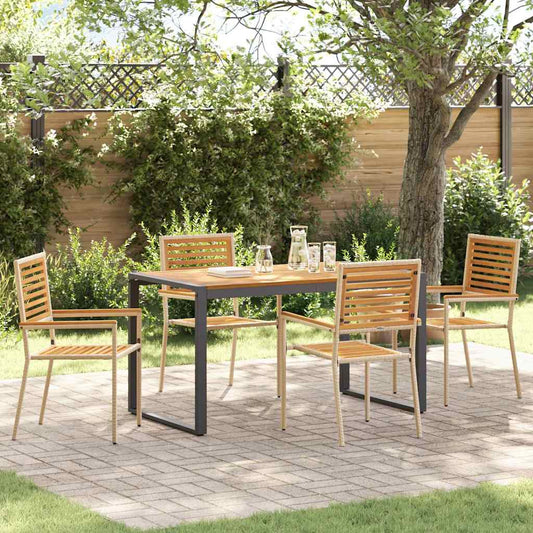 5 Piece Garden Dining Set Beige Poly Rattan Acacia, vidaXL Stacking Garden Chairs with Cushions - Set of 2 in Beige Poly Rattan