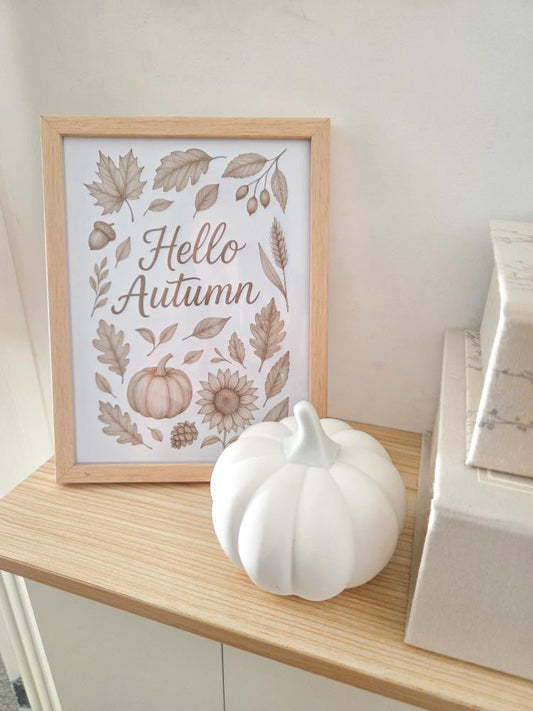 Hello Autumn Neutral Wall Art – Pumpkin, Sunflower & Fall Leaves Print in Minimalist Farmhouse Style-0