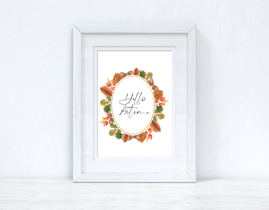 Hello Autumn Leaf Wreath Autumn Seasonal Wall Home Decor Print-0