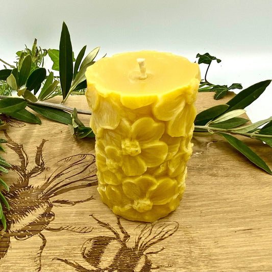 Apple Blossom Floral Pillar Candle- Pure British Beeswax-0