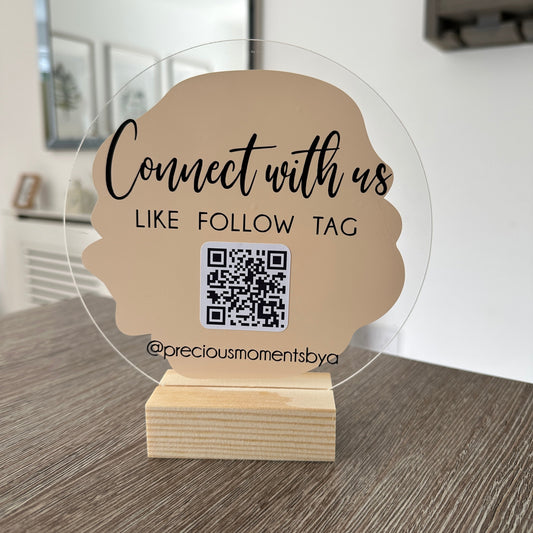 Connect With Us Social Media Handle Circle Acrylic Plaque Sign With Wooden Base-0