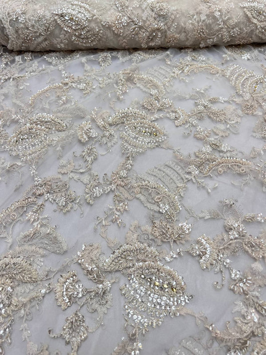 Handmade Bridal Embroidered Beaded Lace Fabric-0