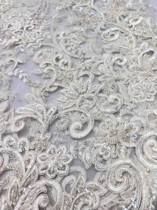 Handmade Bridal Embroidered Beaded Lace Fabric-0