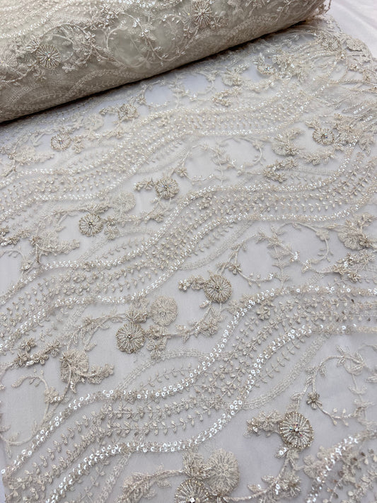 Handmade Bridal Embroidered Beaded Lace Fabric-0