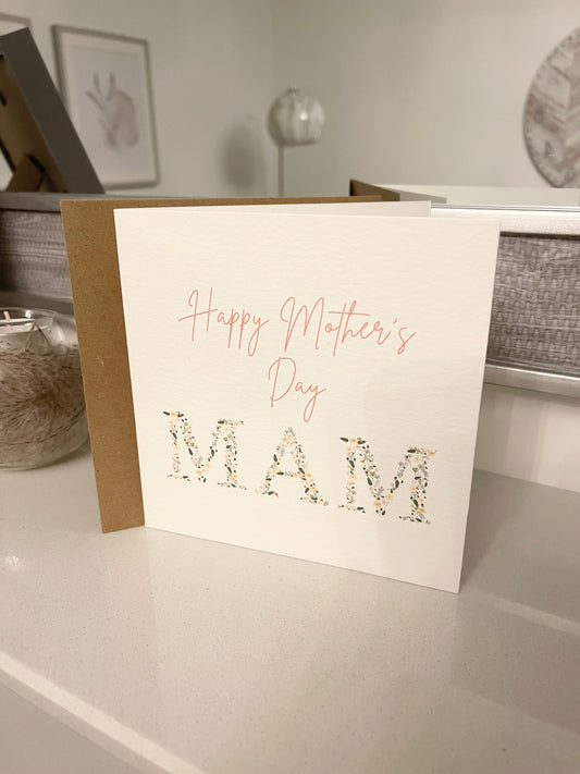 Happy Mothers Day Mam Pink Floral Letters Mothers Day Cute Funny Humorous Hammered Card & Envelope-0