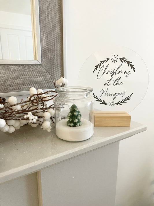 Christmas At Surname Star Wreath Christmas Acrylic Plaque Sign With Wooden Base-0