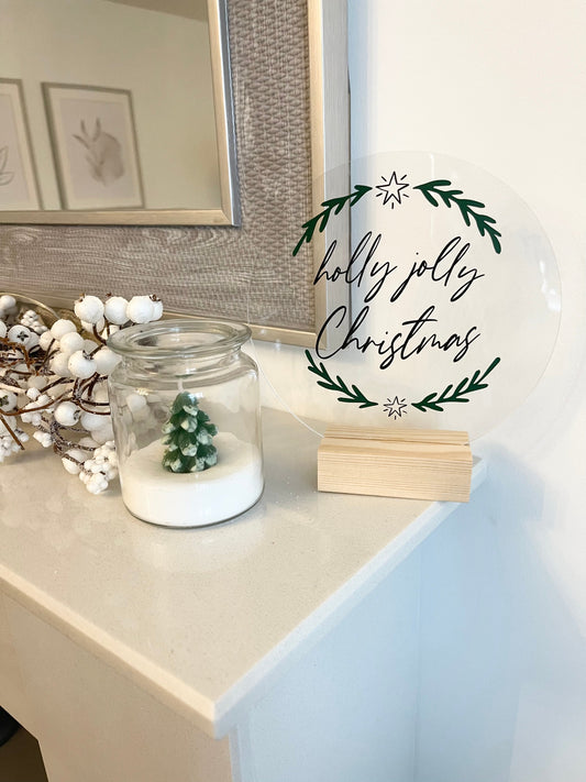 Holly Jolly Christmas Acrylic Plaque Sign With Wooden Base-0