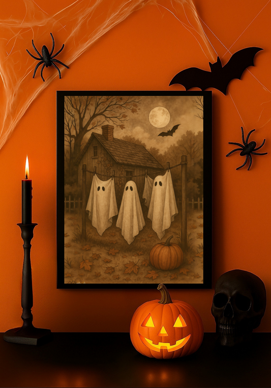 Three Ghosts on Clothesline – Vintage Haunted Farmhouse Halloween Wall Art-0