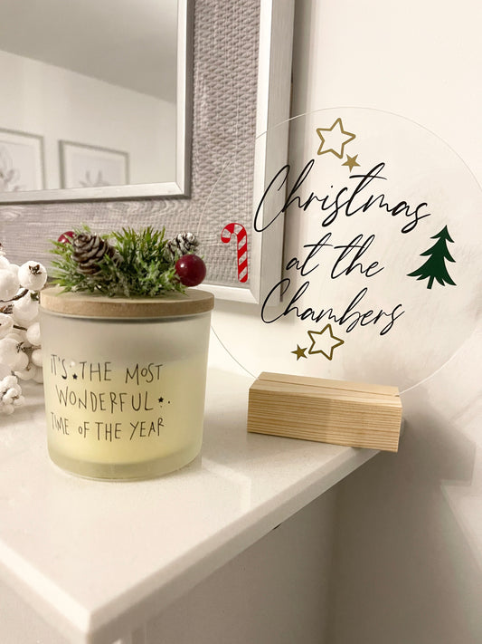 Christmas At Surname OR House Number Traditional Colours Candy Cane Xmas Tree Star Christmas Acrylic Plaque Sign With Wooden Base-0