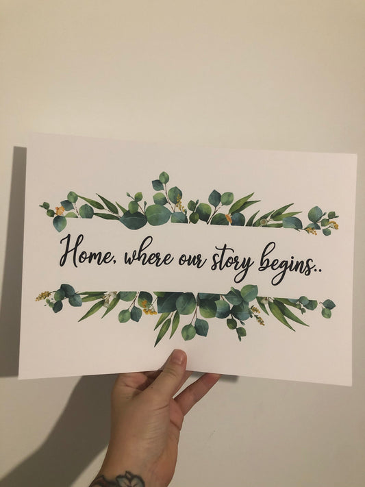 Home,Where Our Story Begins Green Eucalyptus Floral Landscaped Wall Decor Print-0