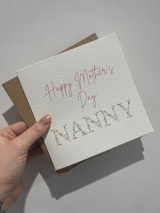 Happy Mothers Day Nanny Pink Floral Letters Mothers Day Cute Funny Humorous Hammered Card & Envelope-0