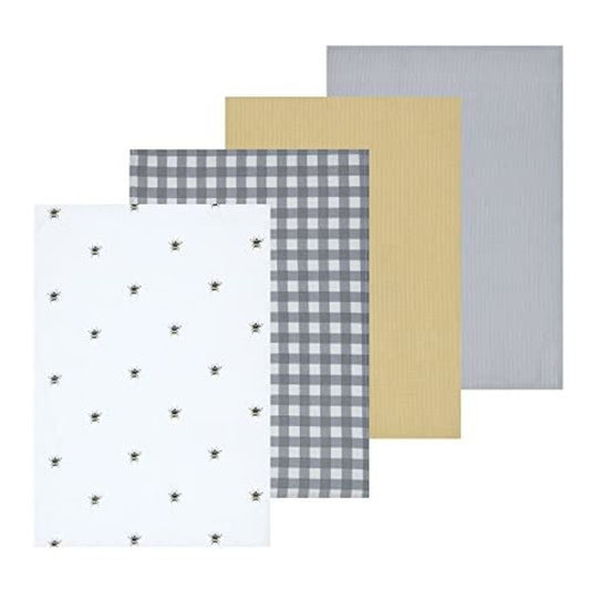 BEE SET OF 4 PRINTED & WAFFLE TEATOWELS