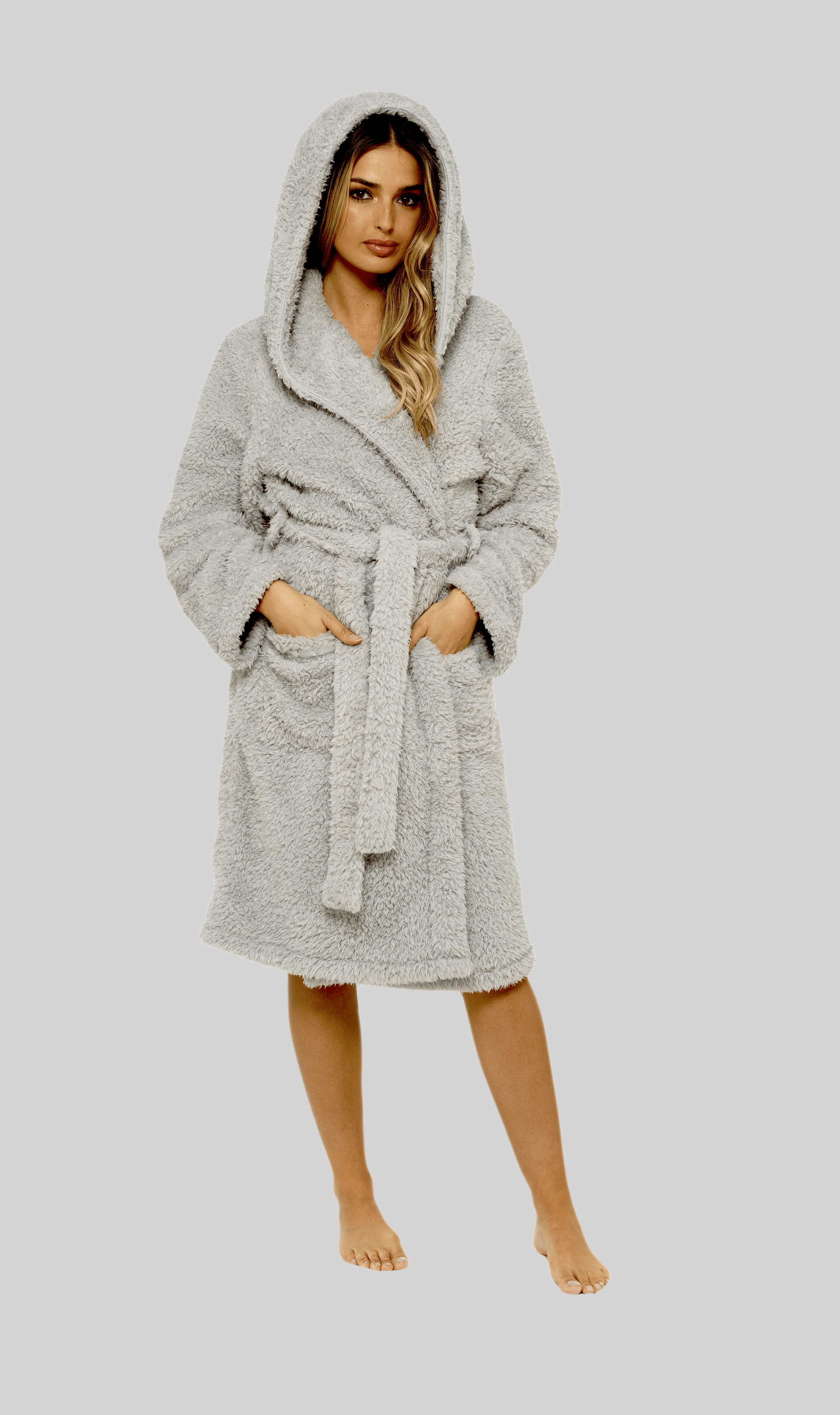 Women's Soft Grey Teddy Fleece Hooded Robe Ultra-Soft Sherpa