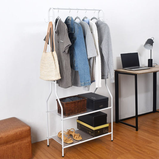 Clothes Rail With Two Shelves in White Powder Coating
